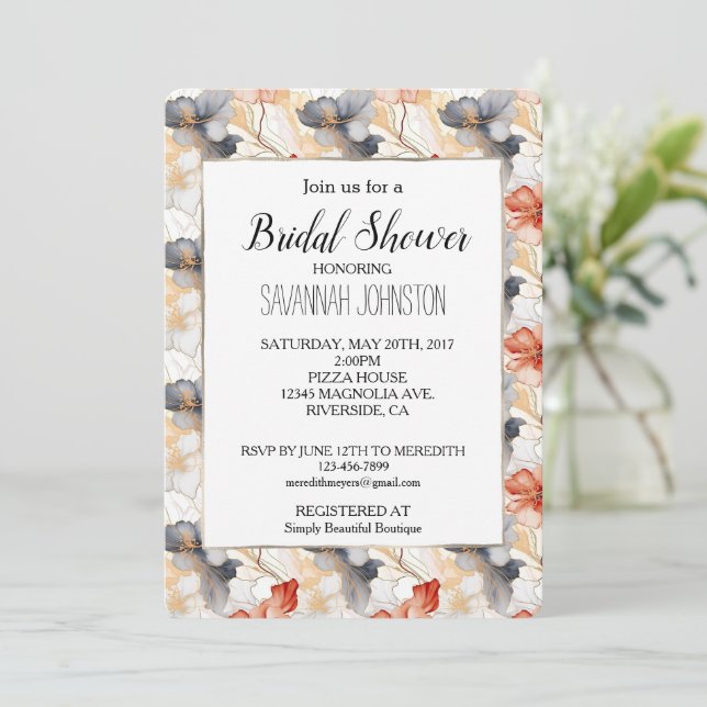 Beautiful Feminine Peach Blue and White Floral Invitation (Standing Front)
