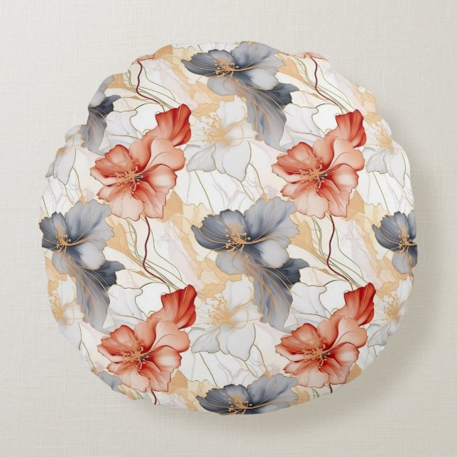 Beautiful Feminine Peach Blue and White Floral Round Cushion (Front)