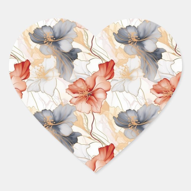 Beautiful Feminine Peach Red Blue and White Floral Heart Sticker (Front)