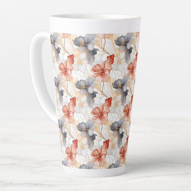 Beautiful Feminine Peach Red Blue and White Floral Latte Mug (Left Angle)