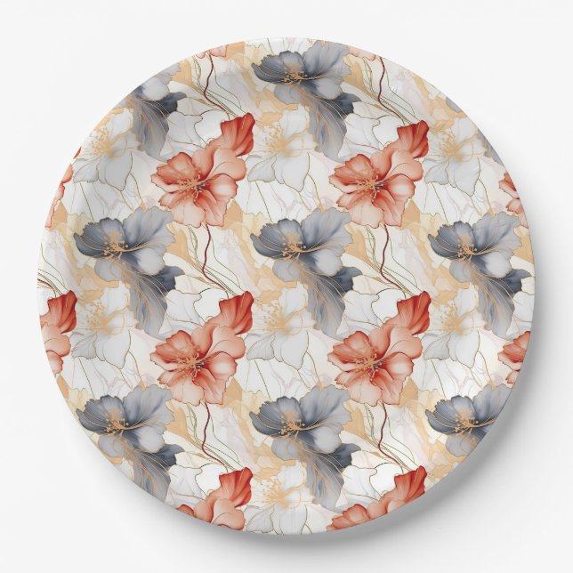 Beautiful Feminine Peach Red Blue and White Floral Paper Plate (Front)