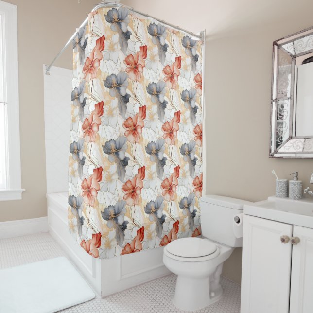 Beautiful Feminine Peach Red Blue and White Floral Shower Curtain (In Situ)