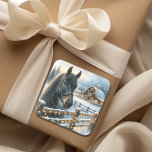 Beautiful Festive Black Horse on Farm Christmas Square Sticker<br><div class="desc">Christmas stickers or Christmas card seals.  Pretty watercolor black horse behind a rustic fence with a barn in the background on a snowy winter day.</div>