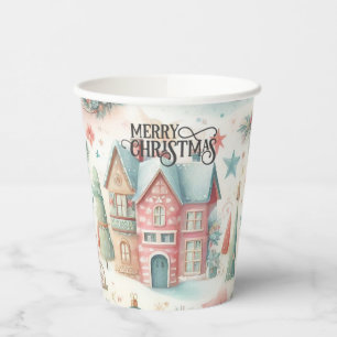 Beautiful Festive Village House Vintage Christmas  Paper Cups