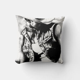 Beautiful Fine Art Drawing of a Cowboy in the Wind Cushion