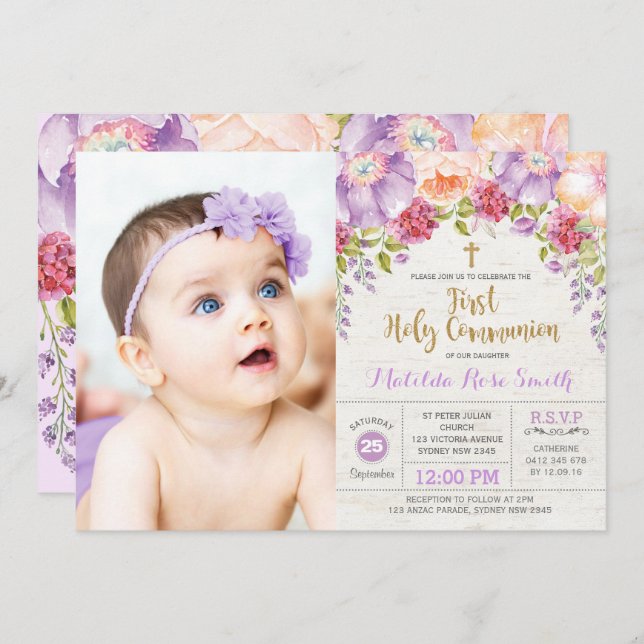 Beautiful First Holy Communion Purple Gold Floral Invitation (Front/Back)