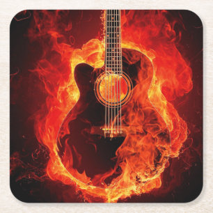 Beautiful Flaming Guitar Image Square Paper Coaster
