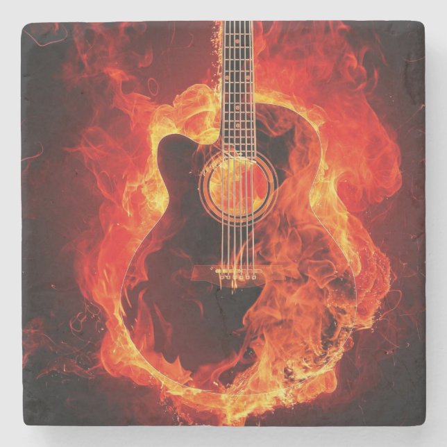 Beautiful Flaming Guitar Image Stone Coaster (Front)