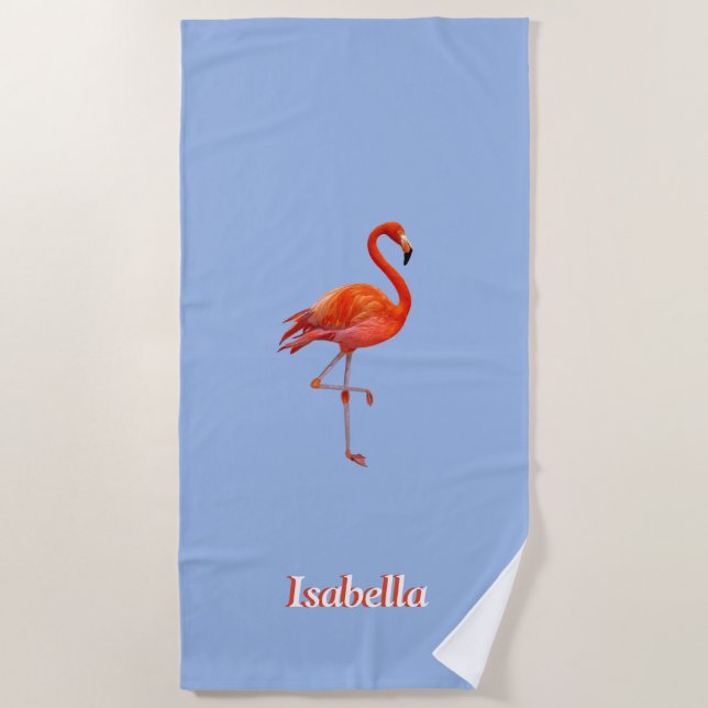 Beautiful flamingo on light blue personalised  beach towel (Front)