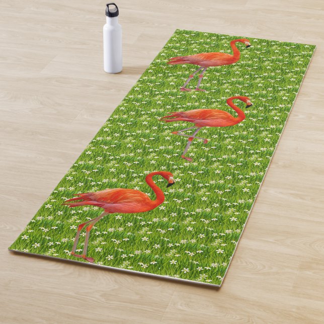 Beautiful Flamingos and White Flowers on Green Yoga Mat (In Situ)