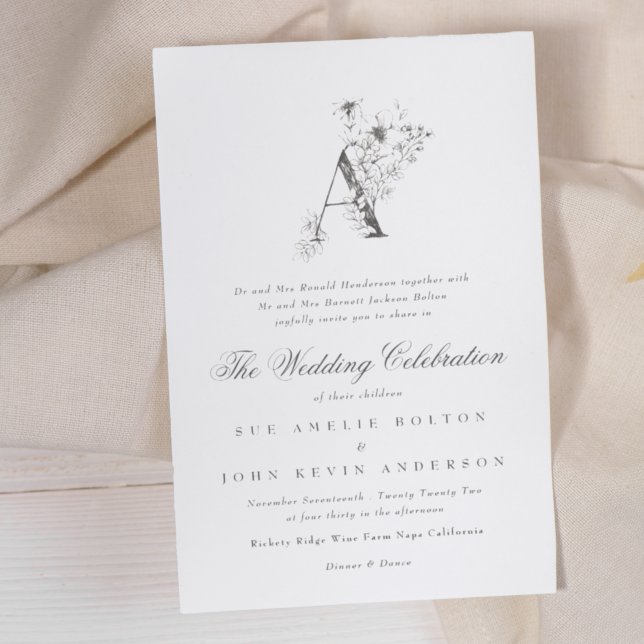 Beautiful Floral 'A' Monogram Sketched Wedding Invitation (Creator Uploaded)