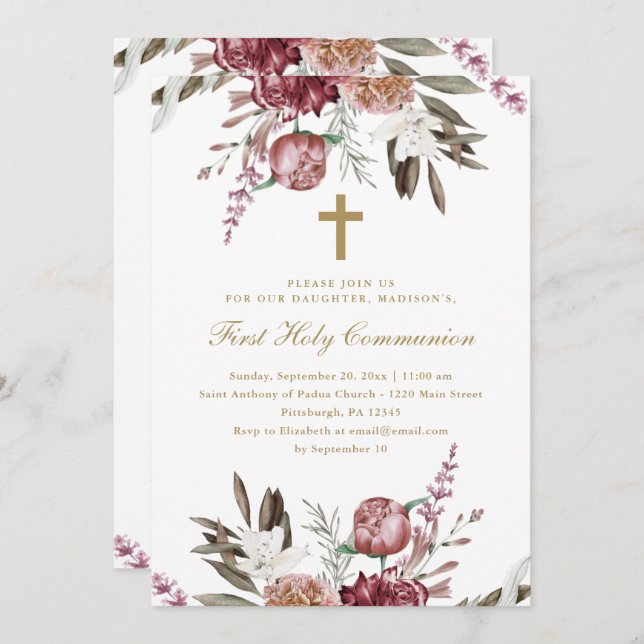 Beautiful Floral and Cross First Holy Communion Announcement (Front/Back)