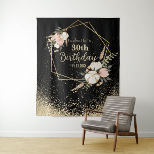 Beautiful Floral and Gold Glitter Birthday Tapestry