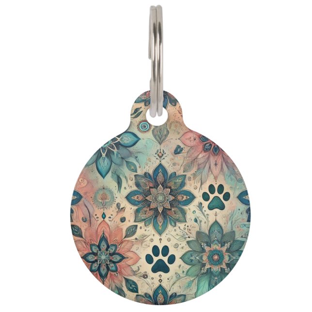 Beautiful Floral and Paw Prints Pet Tag (Front)