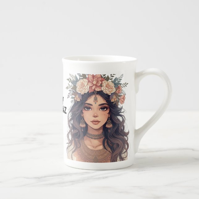 Beautiful Floral Anime Girl – Soft Pastel Aesthe Bone China Mug (Right)