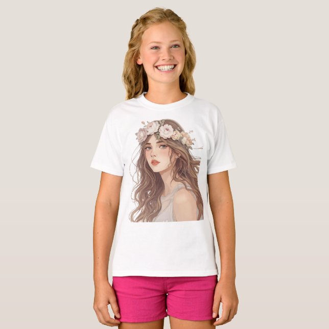 Beautiful Floral Anime Girl – Soft Pastel Aesthe T-Shirt (Front Full)
