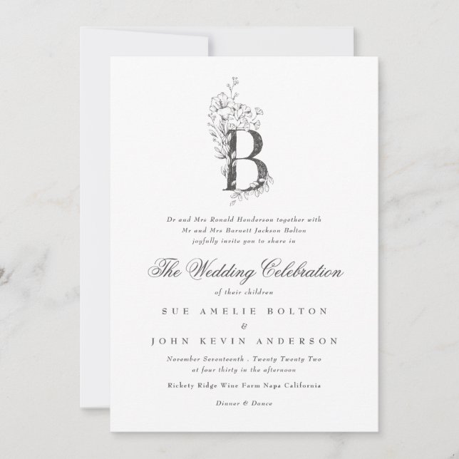 Beautiful Floral 'B' Monogram Sketched Wedding Invitation (Front)