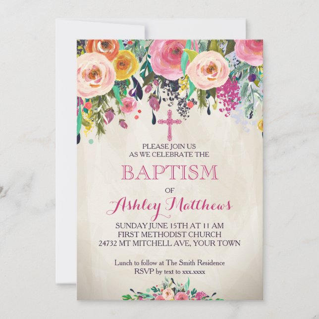 Beautiful Floral Baptism Invitation, Baby Invitation (Front)