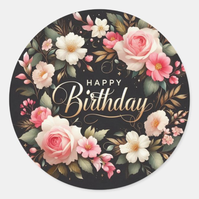 Beautiful Floral Birthday sticker: "HappyBirthday" Classic Round Sticker (Front)