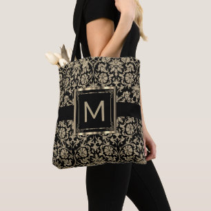 Beautiful Floral Black and Gold Damask Tote Bag