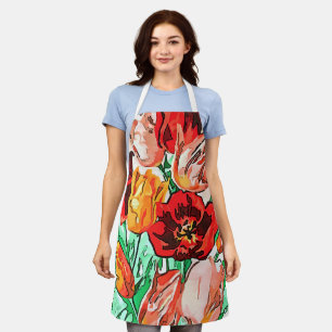 Beautiful Floral Bouquet Tulips Black Outline Art Apron