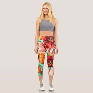 Beautiful Floral Bouquet Tulips Black Outline Art Capri Leggings