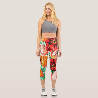 Beautiful Floral Bouquet Tulips Black Outline Art Capri Leggings