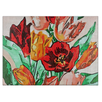 Beautiful Floral Bouquet Tulips Black Outline Art Cutting Board
