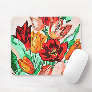Beautiful Floral Bouquet Tulips Black Outline Art Mouse Pad