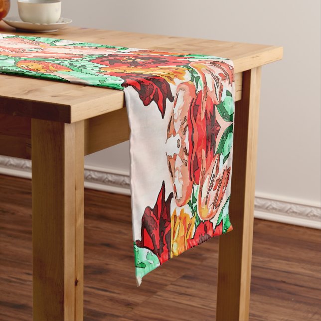 Beautiful Floral Bouquet Tulips Black Outline Art Short Table Runner (In Situ)