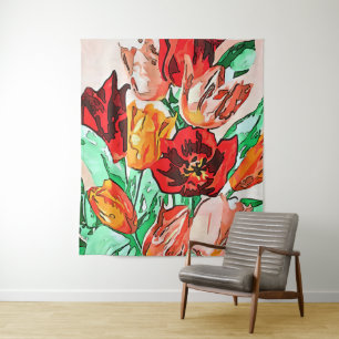 Beautiful Floral Bouquet Tulips Black Outline Art Tapestry