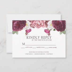 Beautiful Floral Burgundy Wedding RSVP Card