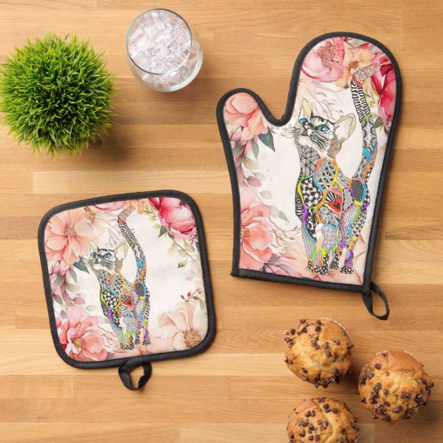 Beautiful Floral Cat Oven Mitt & Pot Holder Set (Top Down)