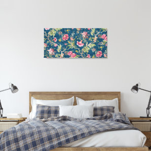Beautiful Floral Colourful Flowers Blue Background Canvas Print