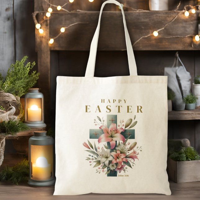 Beautiful Floral Cross Happy Easter Christian Tote Bag (Beautiful Floral Cross Happy Easter Christian Tote Bag)