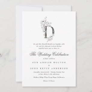 Beautiful Floral 'D' Monogram Sketched Wedding Invitation