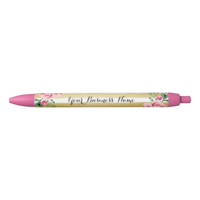Beautiful Floral Decor with White Gold Stripes Black Ink Pen (Front)