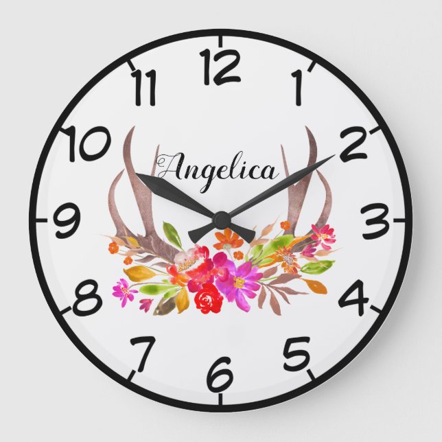 Beautiful Floral Deer Antlers Large Clock (Front)