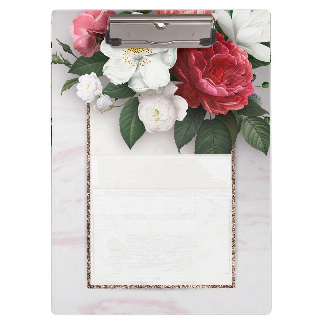 Beautiful Floral Design Clipboard (A clipboard with a floral design, featuring a mix of red, pink, and white roses with green leaves.)