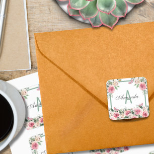 Beautiful Floral Design Monogram Square Sticker