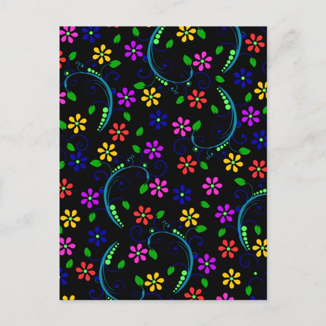 Beautiful Floral Design on Black Background Postcard (Front)