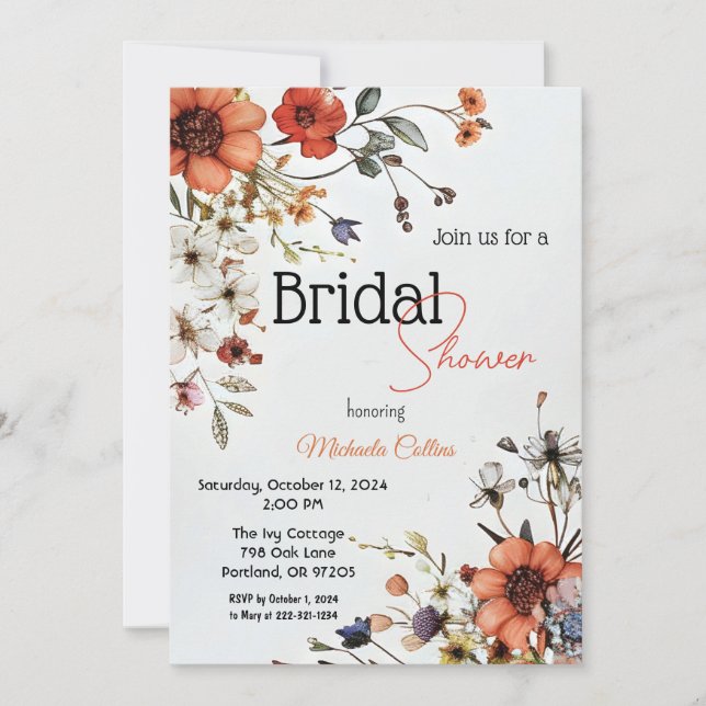 Beautiful floral design with poppies invitation (Front)