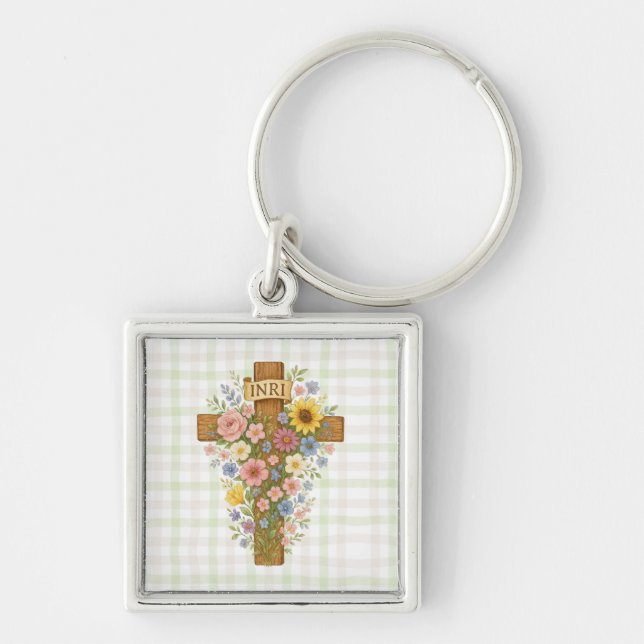 Beautiful floral Easter cross Key Ring (Front)