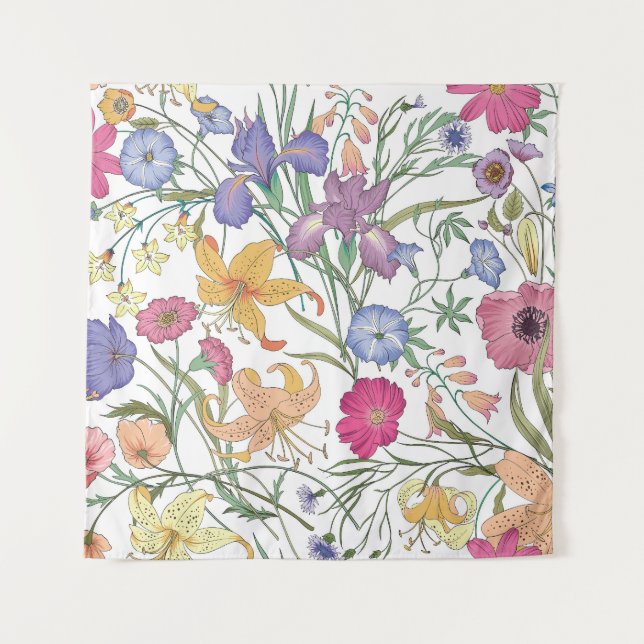 Beautiful Floral Field Vintage Illustration Tapestry (Front)