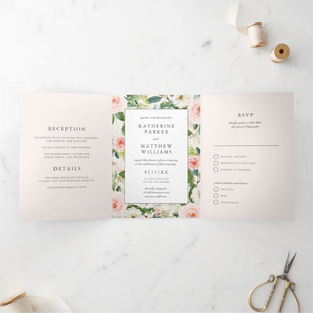 Beautiful Floral Frame All-In-One Wedding Tri-Fold Invitation (Inside)