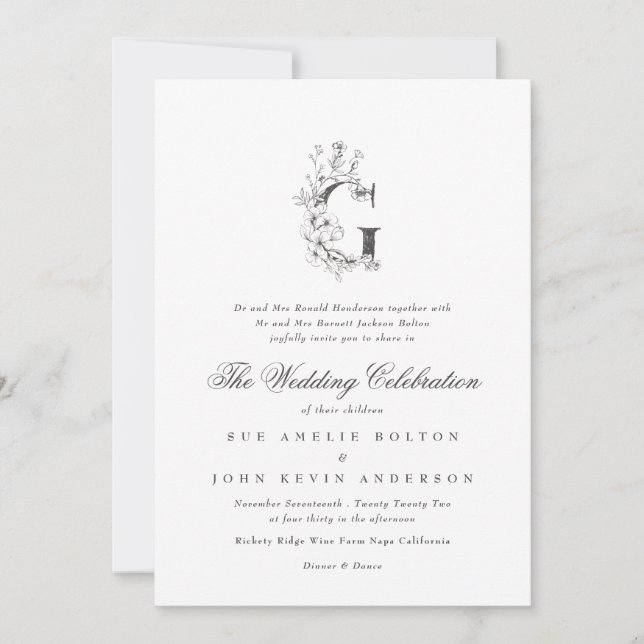 Beautiful Floral 'G' Monogram Sketched Wedding Invitation (Front)