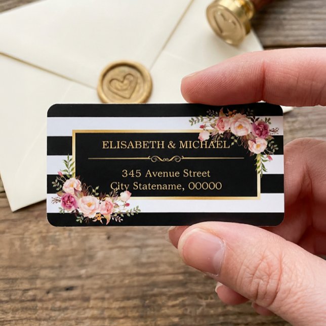 Beautiful Floral Gold Decor Black White Stripes Label (Creator Uploaded)