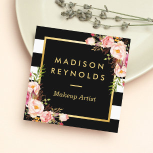 Beautiful Floral Gold Frame Black White Stripes Square Business Card