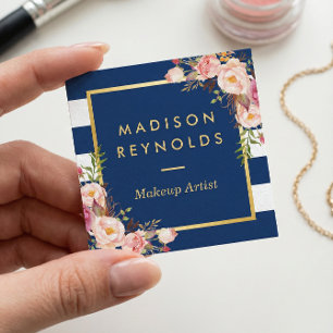 Beautiful Floral Gold Frame Navy White Stripes Square Business Card