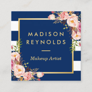 Beautiful Floral Gold Frame Navy White Stripes Square Business Card